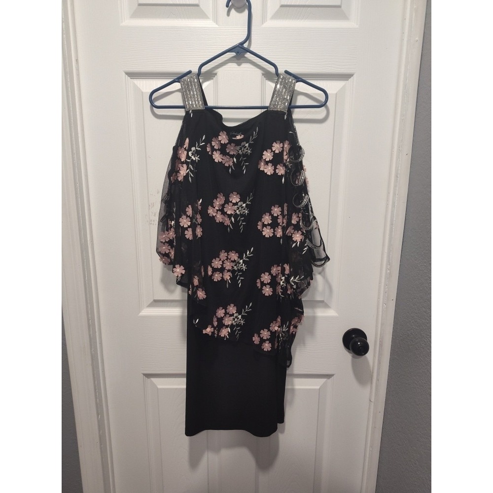 Prelude Woman's Black Pink Sheer Floral Rhinestone Strappy Overlay Dress Size M